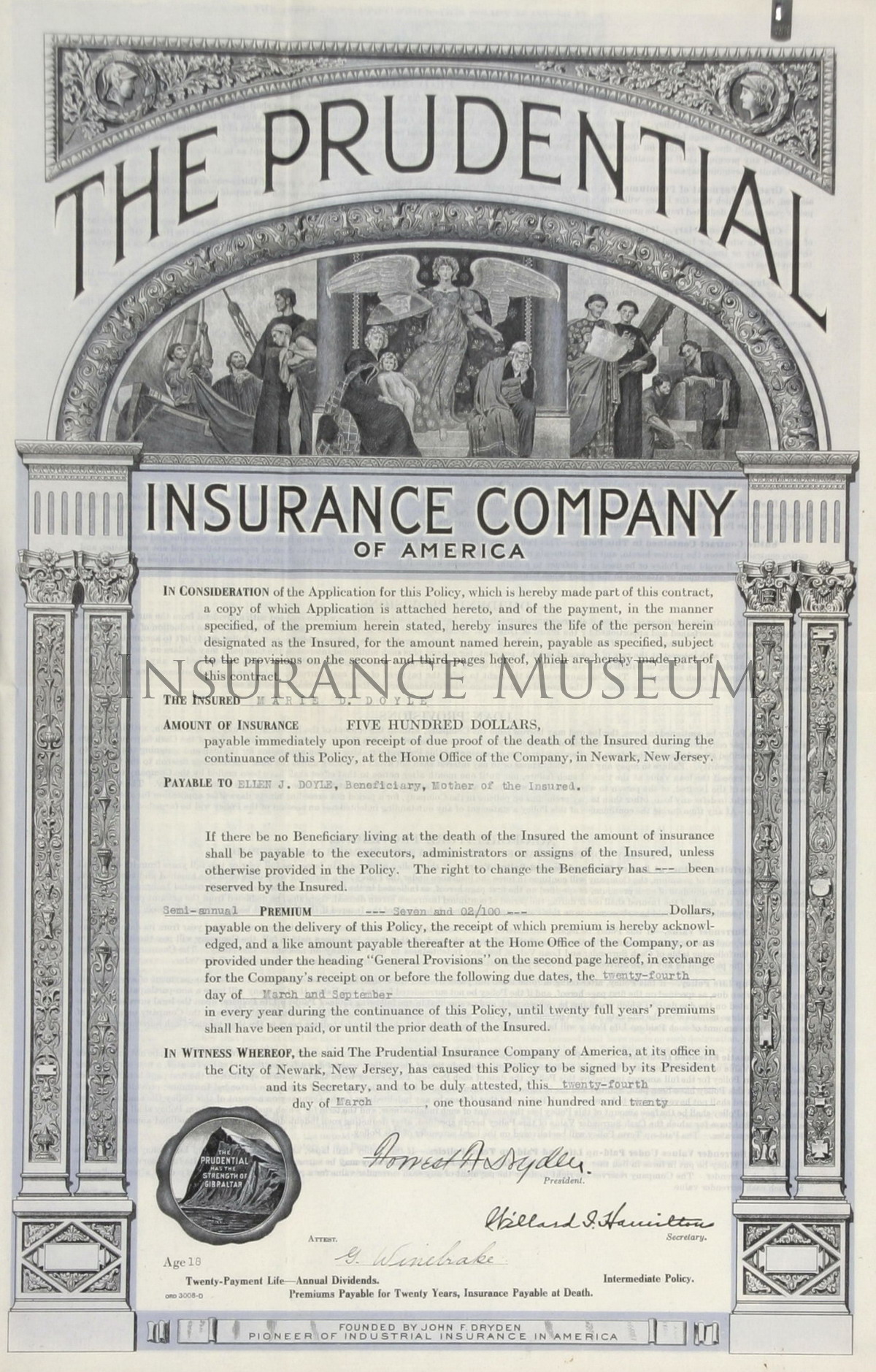 Prudential Insurance Company of America - 1920-03-24 - Policies found in the Musuem of Insurance